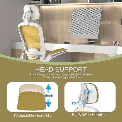 Mimoglad Office Chair, High Back Ergonomic Desk Chair with Adjustable Lumbar Support and Headrest, with flip-up Armrests for Guitar Playing, 5 Years Warranty (Modern, Golden Light)