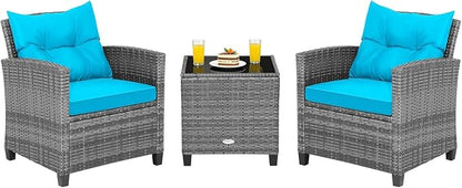 COSTWAY 3PCS Patio Furniture Set, PE Rattan Wicker Sofa w/Washable Cushion and Coffee Table, Tempered Glass Tabletop, Outdoor Conversation Set for Balcony, Porch, Yard, Backyard, Lawn, Turquoise