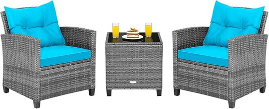 COSTWAY 3PCS Patio Furniture Set, PE Rattan Wicker Sofa w/Washable Cushion and Coffee Table, Tempered Glass Tabletop, Outdoor Conversation Set for Balcony, Porch, Yard, Backyard, Lawn, Turquoise