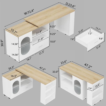 HSH 72.4” Rolling Kitchen Island with Swivel Table, Storage Cabinet, Drawers & Shelves, White Modern Mobile Island Cart on Wheels, Farmhouse Wood Island Table for Kitchen, Dining Room, Home Bar