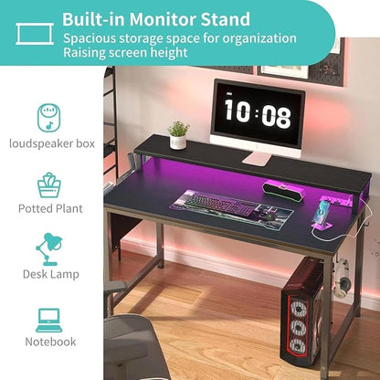 Lufeiya Small Desk with Power Outlets and LED Lights, 32 Inch Teen Writing Study Table Home Office Computer Desks with Monitor Stand, Gaming Desk with Charging Station, Black