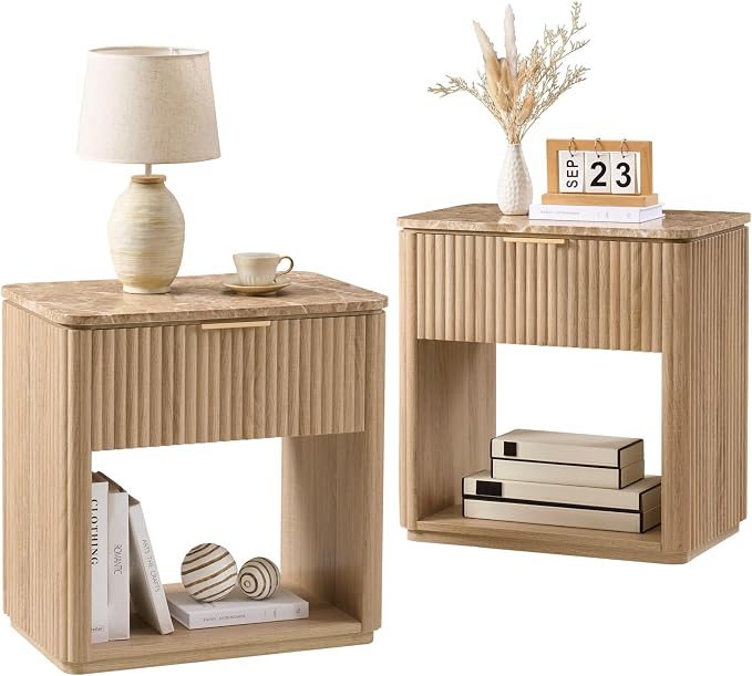 Fluted Nightstand Set of 2, 23" W Night Stand with Drawer, Wood Bed Side Table with Faux Marble-Top, Curved Corner, Metal Handle, Modern Bedside Table for Bedroom, Living Room, Office, Natural Oak