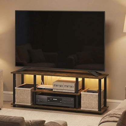 Furinno Turn-N-Tube TV Stand with LED Lights, 3-Tier No Tools 3D Entertainment Center, TV Console for TV up to 50 Inch, for Living Room, Bedroom, Amber Pine