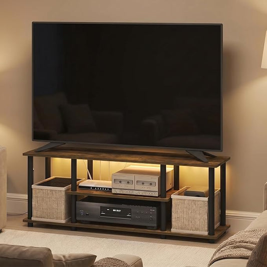 Furinno Turn-N-Tube TV Stand with LED Lights, 3-Tier No Tools 3D Entertainment Center, TV Console for TV up to 50 Inch, for Living Room, Bedroom, Amber Pine