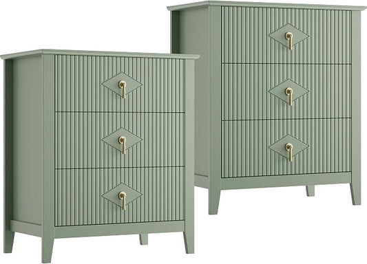 GarveeHome 2Pcs Wood Nightstand Fluted Dresser for Bedroom, 27.5" Wide 3-Drawer Bedside Tables, Modern Chest of Drawers, Storage End Table Living Room, Hallway, Entryway, Green