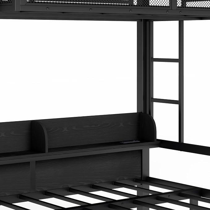 Ball & Cast Twin Over Twin Metal Bunk Bed with Storage, Black | Shelves, Drawers, USB Ports, LED Lights, Converts to Sofa for Kids, Guardrails and Ladders, No Box Spring Required, Teens