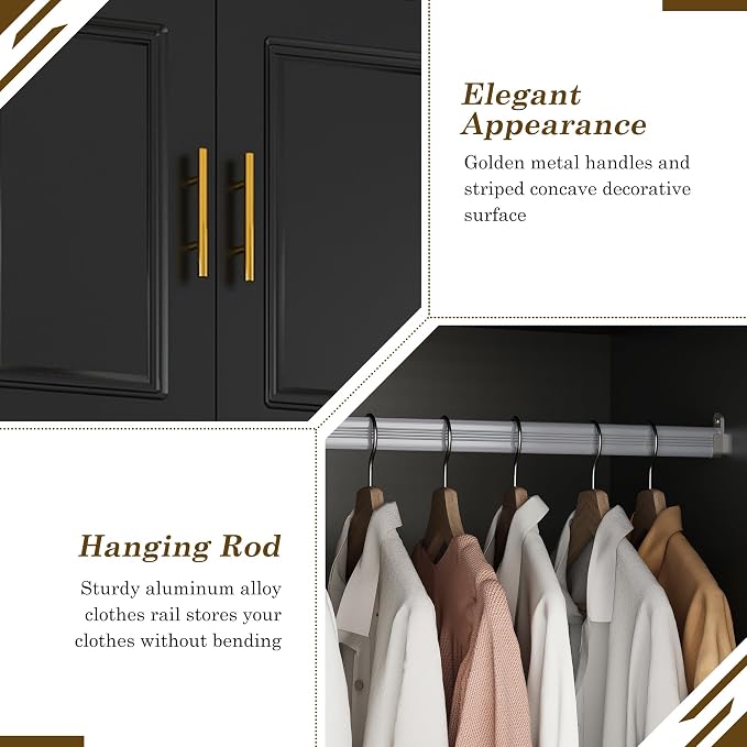 Hlivelood Large Armoire Wardrobe Closet Cabinet with Drawers and LED Lights, Multi-Tier Shelves, Hanging Rod, Large Capacity Storage 4 Door Wardrobe Armoire with Top Cabinet for Bedroom, Black