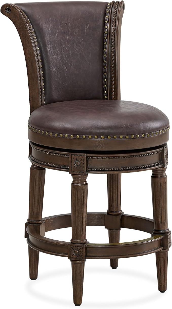 ROME + OAK Runyan 26" Swivel Counter Stool, Rotating High Back Barstool in Dark Walnut Finish with Vintage Brown Vegan Leather Seat