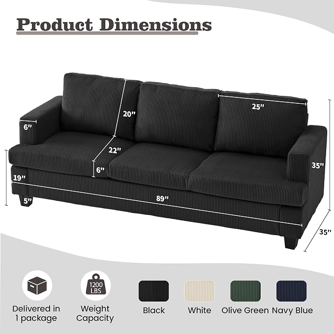 Apicizon 89" Modern Sofa Couch Set, Corduroy Couch 2 Piece Sofa Set for Living Room, Modern Lounge Sofa Couches for Apartment Lounge, Black