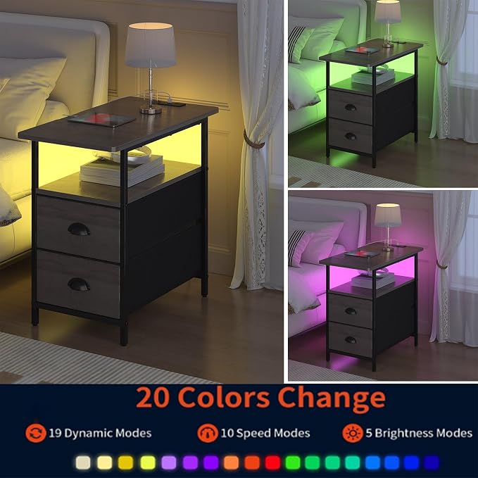 sthmec End Table with Charging Station, Narrow Side Table with 2 Drawers, LED Nightstands with Drawers, USB Ports & Power Oulets,Slim Sofa Side Tables for Small Spaces,Living Room,Bedroom, Grey