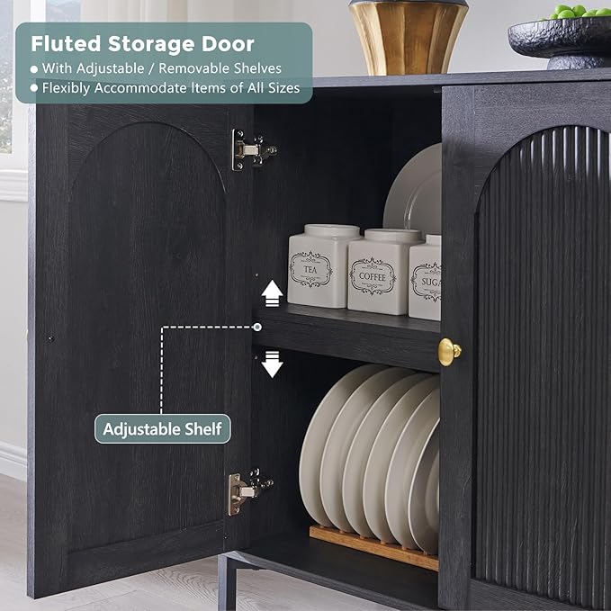 IFGET Modern Buffet Cabinet with Storage, 92.63" W Fluted Arched Sideboard Cabinet w/Adjustable Shelves, Wooden Modular Coffee Bar for Dining Room, Kitchen, Living Room, Entryway, Dark Grey