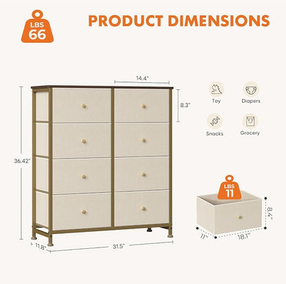 Sweetcrispy 8 Drawer Dresser for Bedroom, Organizer Storage Drawers, Khaki | Fabric Storage Tower, Chest of Drawers with Steel Frame, Wood Top for Living Room, Closet