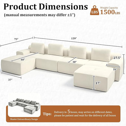 159" U Shaped Oversized Boneless Couch, Comfort Cloud Sectional Couches for Living Room, Modular Sofa High Back & Extra Deep Seat, No Assembly, Soft Chenille(Warm White, 159 inch-U shaped（4+2）)
