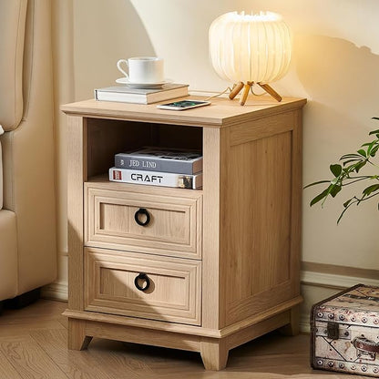 Joaxswe 18" Farmhouse Night Stand with Charging Station, 2 Drawers Bedside End Table, Natural Wooden Nightstand, Bed Side Table Cabinet with Open Shelf for Bedroom Living Room Office