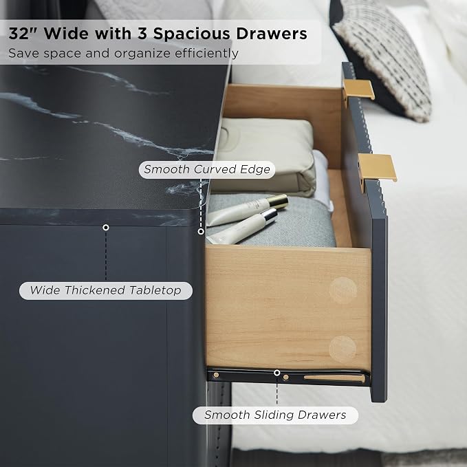 T4TREAM Fluted 3 Drawer Dresser, 32" Tall Modern Chest of Drawers with Faux Marble Top, Curved Profile Design, Wood Drawer Organizer for Bedroom, Living Room, Hallway, Entryway, Dark Grey