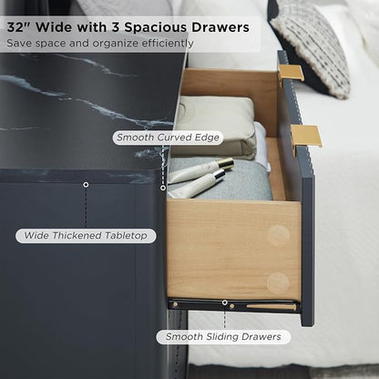 T4TREAM Fluted 3 Drawers Nightstand Set of 2, Oversized Extra Large Modern Side Table with Faux Marble Top, End Table Bedside for Bedroom, Living Room, Curved Profile Design, Dark Grey | Fluted
