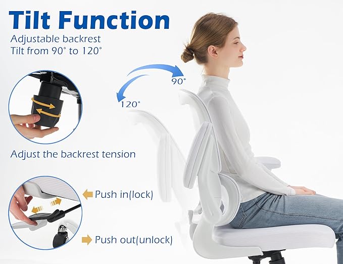 TRALT Ergonomic Office Chair - Desk Chair with Adjustable Lumbar Support Computer Chair - Mesh Comfy Chair with Flip-up Armrests - Gaming Chairs for Adults Home Office (Leather, White)