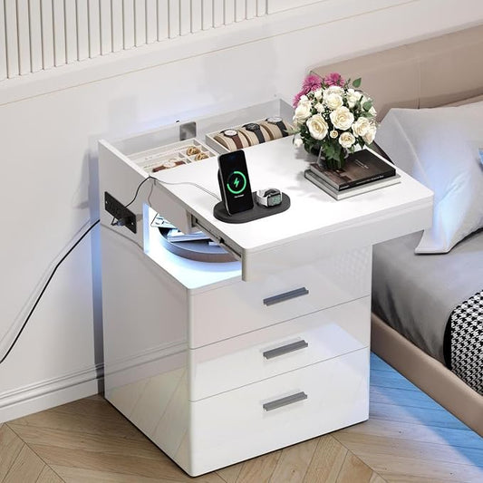 Treocho Led Nightstand with Hidden Space, Modern Night Stand with Charging Station, 3 Drawer Smart Nightstand with Glossy Finish, Tall Bedside Table with RGB Lights for Bedroom, White