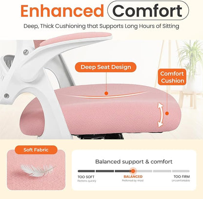 NEO CHAIR Office Chair Computer Desk Chair Ergonomic Gaming Comfy Mesh with Flip-up Arms Lumbar Support Adjustable Height Rolling Wheels for Home Office (Pink)