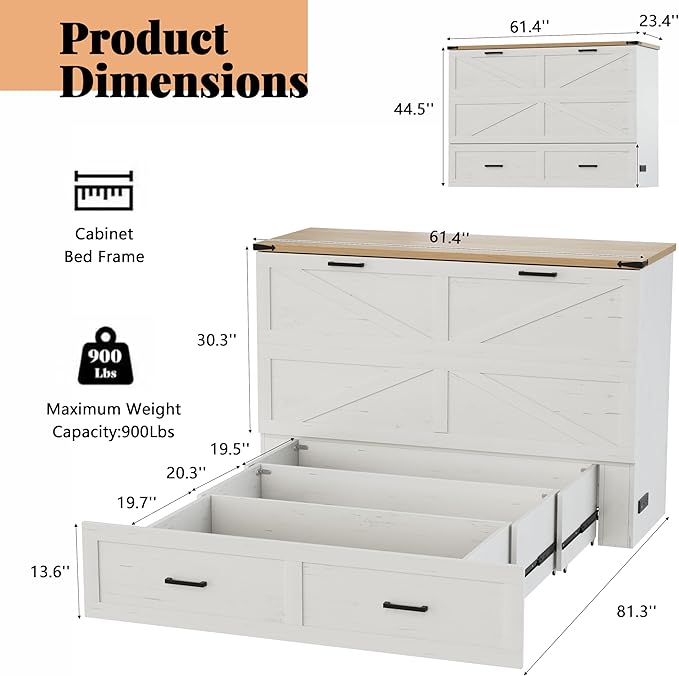 Bellemave Queen Size Murphy Bed, Cabinet Bed with Charging Station and Storage, Farmhouse Murphy Cabinet with Foldable Panel, Noisy Free, for Guest Bedroom, Living Room, Office, White