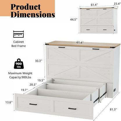 Bellemave Queen Size Murphy Bed, Cabinet Bed with Charging Station and Storage, Farmhouse Murphy Cabinet with Foldable Panel, Noisy Free, for Guest Bedroom, Living Room, Office, White