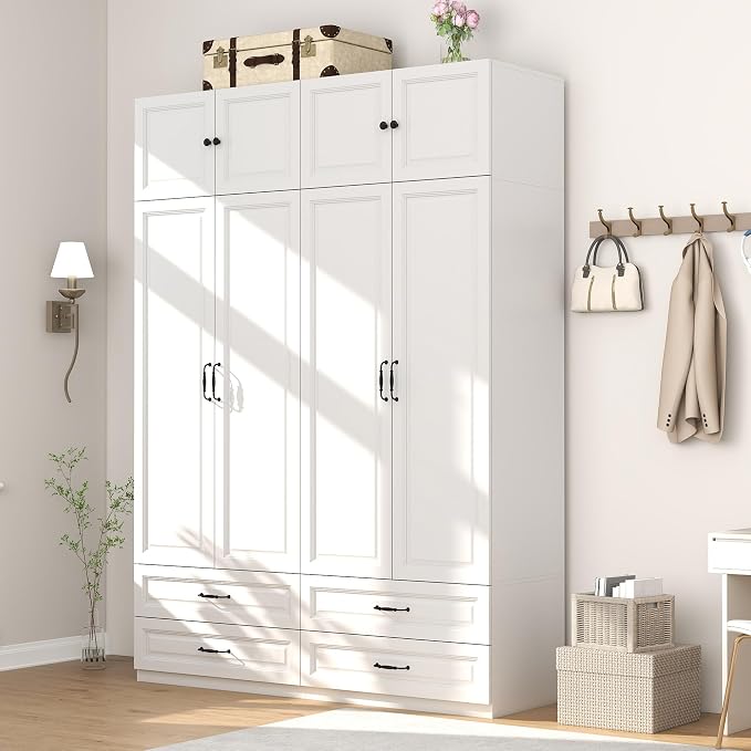 Armoire Wardrobe Closet with Drawers: Bedroom Armoires with Hanging Rod, Wooden Closet Cabinet for Hanging Clothes, Tall Wardrobes Closets with Doors and Shelves (White, 63")