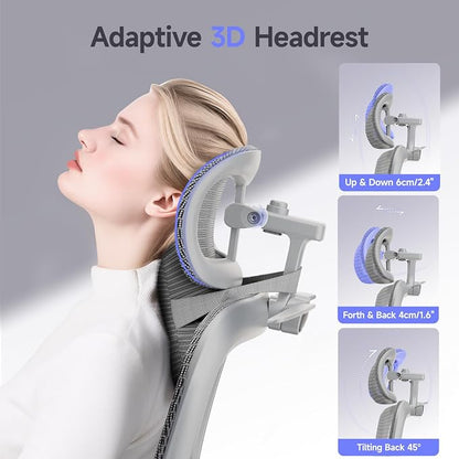 Office Chair with Footrest, Ergonomic Chair with 3D Headrest, Computer Chair with Adjustable Backrest & 6D Armrest, Gaming Chair with Adaptive Lumbar Support, Adjustable Seat Depth, Grey