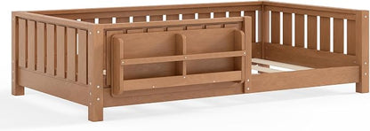 Bellemave Twin Floor Bed with Rails and Slats, Twin Size Montessori Floor Bed with Bookshelf and Fence, Easy Assemble Montessori Beds Frame for Girls, Boys, Natural