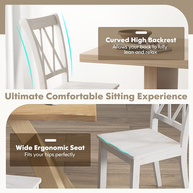 SIMOE Set of 2 Wooden Dining Chairs, Mid Century Farmhouse Kitchen Chairs, Solid Rubberwood Armless Side Chairs with High Back, Ergonomic Seats for Dining Room Living Room, White
