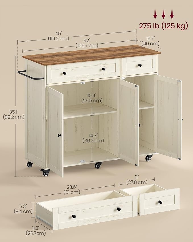 VASAGLE Mobile Kitchen Island, Portable Island on Wheels, Mobile Cart with Storage Cabinet for Dinning Room, 15.8 x 42.1 x 35.1 Inches, Rustic White and Honey Brown UKKI015WJ01S