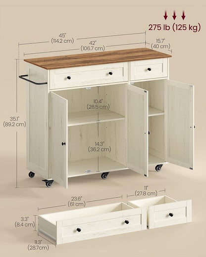 VASAGLE Mobile Kitchen Island, Portable Island on Wheels, Mobile Cart with Storage Cabinet for Dinning Room, 15.8 x 42.1 x 35.1 Inches, Rustic White and Honey Brown UKKI015WJ01S
