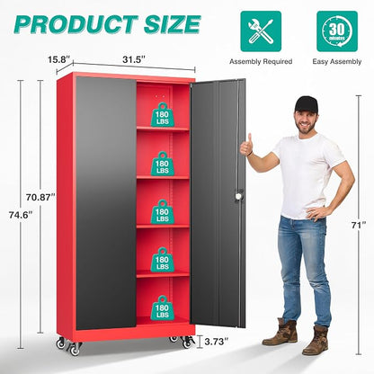 SISESOL 75" Tall Metal Storage Cabinet with Wheels,Rolling Garage Storage Cabinet with Lock,Red Metal Cabinets on Wheels,Locking Tool Cabinets on Wheel for Garage,Home,Office,Shop
