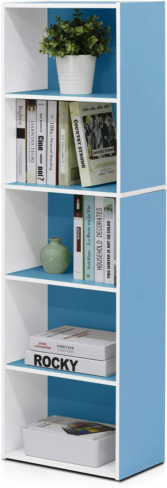 Furinno LUDER Book Shelf, 5-Tier Bookshelf, Bookcase with Open Shelves, 9.4 x 15.8 x 52, Easy Assembly, for Living Room, Bedroom, Home Office, White/Light Blue
