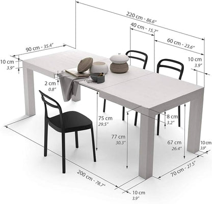 Mobili Fiver, Iacopo Extendable Dining Table, 55.1(86.6) x35.4 in, Ashwood White, for 6-10 People, Expandable Dining Table for Kitchen, Living Room, Italian Furniture