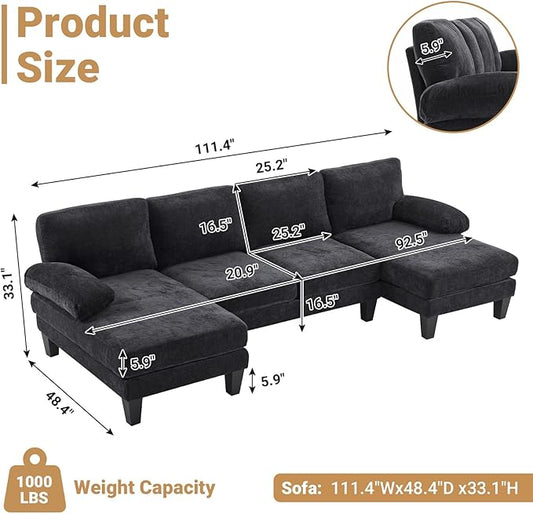 VINGLI 110" Sectional Couches for Living Room,U Shaped Couch with Double Chaise, 4-Seat Sofa Set with Chenille Fabric for Home Furniture,Black