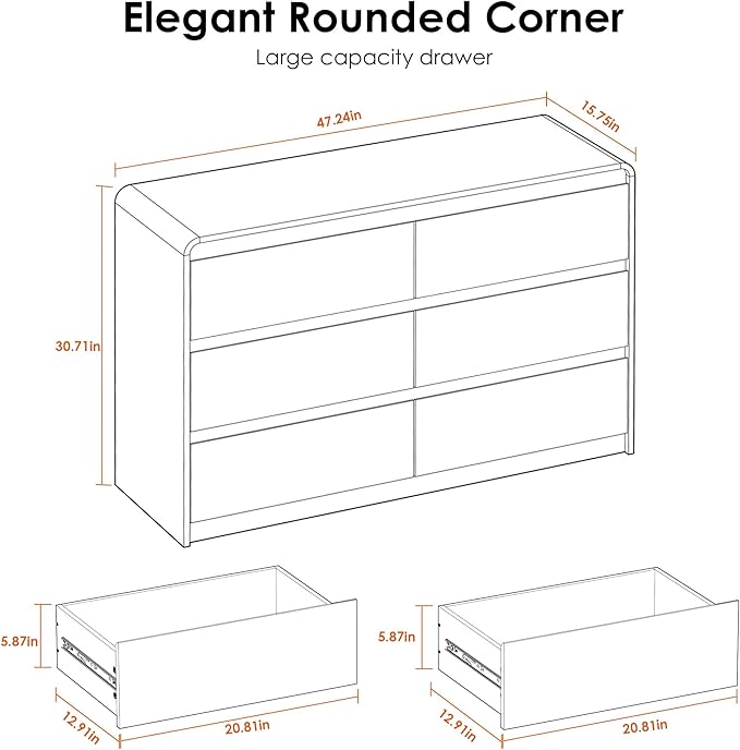Oransail 6 Drawer Dresser, 47" Wide Walnut Dresser Chest of Drawers, Curved Anti-Collision & Anti-Tipping Design, Mid Century Modern Wooden Dresser for Bedroom, Living Room, TV Stand
