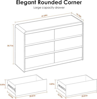 Oransail 6 Drawer Dresser, 47" Wide Walnut Dresser Chest of Drawers, Curved Anti-Collision & Anti-Tipping Design, Mid Century Modern Wooden Dresser for Bedroom, Living Room, TV Stand
