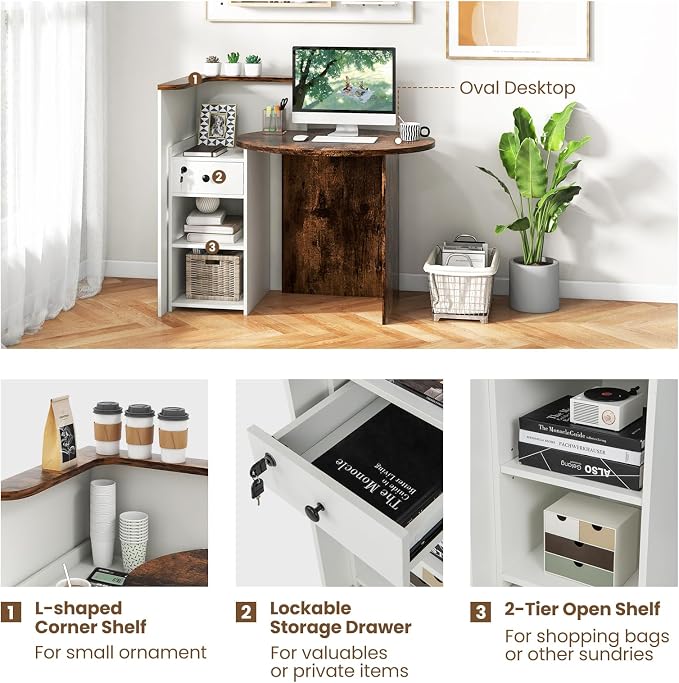 Reception Desk, Retail Checkout Counter w/Lockable Drawer & Open Shelves, Computer Workstation, Small Front Desk Reception Counter for Company Lobby Store Salon Office (Rustic Brown & White)