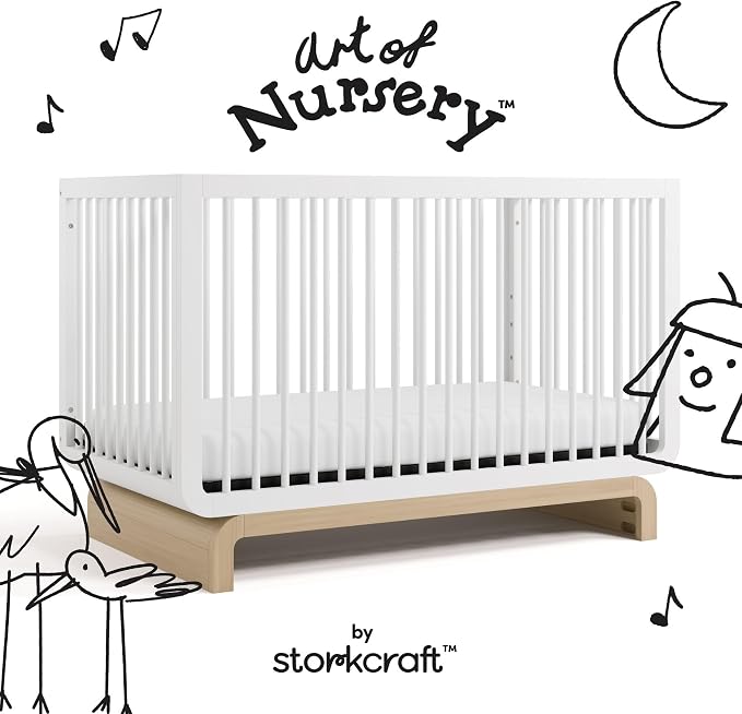 Storkcraft Santorini 5-in-1 Convertible Crib with Toddler Guardrail – GREENGUARD Gold Certified, Conversion Kit Included, 100% Solid Wood, Fits Standard Crib Mattress (White and Driftwood)