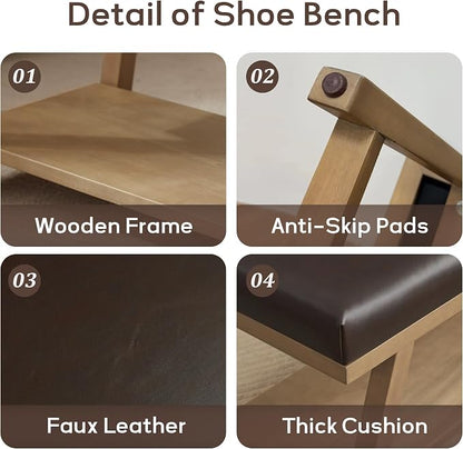 Zihanhome 45" Entryway Bench Upholstered Storage Bench for Bedroom Shoe Rack Bench for Living Room, Hallway, Mudroom, Balcony, Sturdy Indoor Bench Seat Holds Up to 300 lbs (PU-Brown)