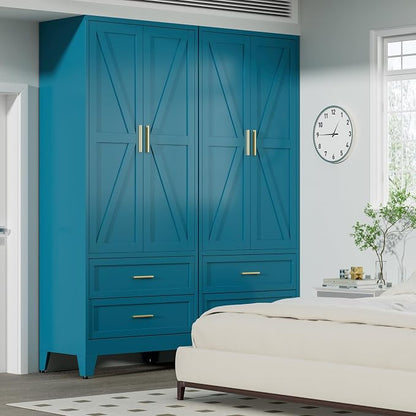 COFaR 71 Farmhouse Metal Wardrobe Closet with Hanging Rod, 2 Barn Doors, Adjustable Shelves, Steel Armoire with Drawer for Home, Bedroom Green