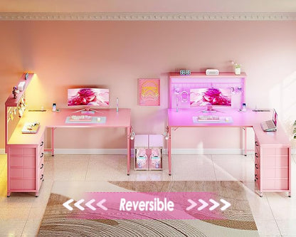 MOTPK 51” Large L Shaped Gaming Desk, Corner Computer Table with Shelf & Hutch, 4 Drawers, Reversible Study Desk with LED Light, Power Outlets & USB Ports, Home Office Table, Carbon Fiber Pink