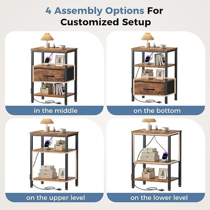 DUMOS 3-Tier Storage, Bed Side Tables with Wireless Charging Station, End Tables with Adjustable Fabric Drawers, Nightstand Set of 2, Modern Design, Brown