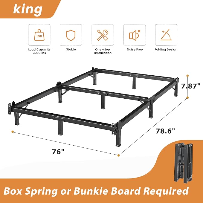 MAF Metal Bed Frame King 8 Inches, 9-Legs Support Bed Base, King Bed Frame for Box Spring and Mattress, Basics Bed Frame Headboard Attachable Tool-Free Easy Assembly, Black