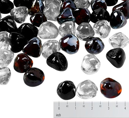 Blended Fire Glass Diamonds for Propane Firepit, Fireplace and Outdoor Decorative, 1 Inch Firepit Glass 20LB (Crystal Ice +Onyx Black + Amber)