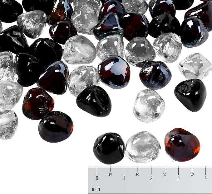Blended Fire Glass Diamonds for Propane Firepit, Fireplace and Outdoor Decorative, 1 Inch Firepit Glass 10LB (Crystal Ice +Onyx Black + Amber)