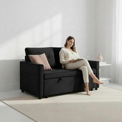 Sofa Bed, Pull Out Couch with Side Pockets, 3 in 1 Velvet Fabric Loveseat Sleeper Sofa Bed, Pull Out Couch with Adjustable Backrest for Living Room, Bedroom, Apartment, Black, 53 Inch