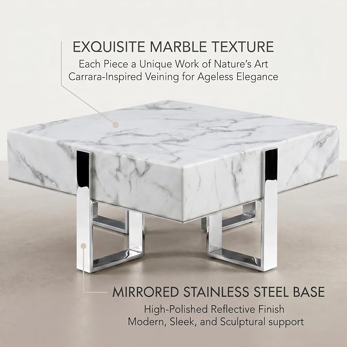 White Faux Marble Coffee End Table Set, 2-Piece Modern Silver Nesting Coffee Table, Square Center Table with Mirrored Chrome Legs for Living Room Apartment