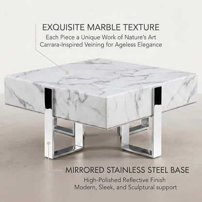 White and Silver Coffee Table, Modern Square Center Table with Faux Marble Tabletop and Mirrored Chrome Legs for Living Room Apartment Office