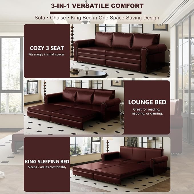 93.7" King Size Sleeper Sofa Bed, Pull Out Sofa Bed, Faux Leather Upholstery, 3 in 1 Convertible Sleeper Couch, Chaise Lounge, Retro Recliner for Living Room, Office, Apartment, Burgundy